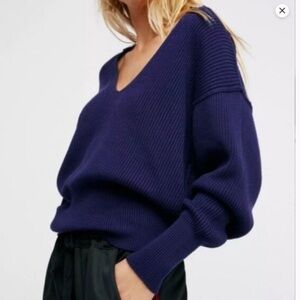 Free People Allure Navy Ribbed V-Neck Long Sleeve Pull Over Sweater XS